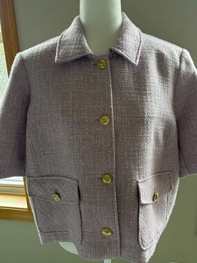 Chico's Lavender Tweed Short-Sleeve Jacket with Gold Buttons